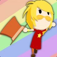 Prototype model for Moustache Girl on a rainbow background