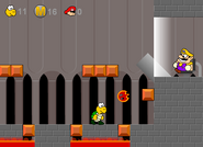 Wario attacking Koopa with fireballs.