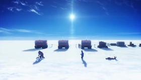 As Shirase and Hinata bike past the snowcat caravan, Kimari does a faceplant