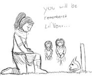 Vahl, Jen, and Lydia in front of Lil' Vent's Grave