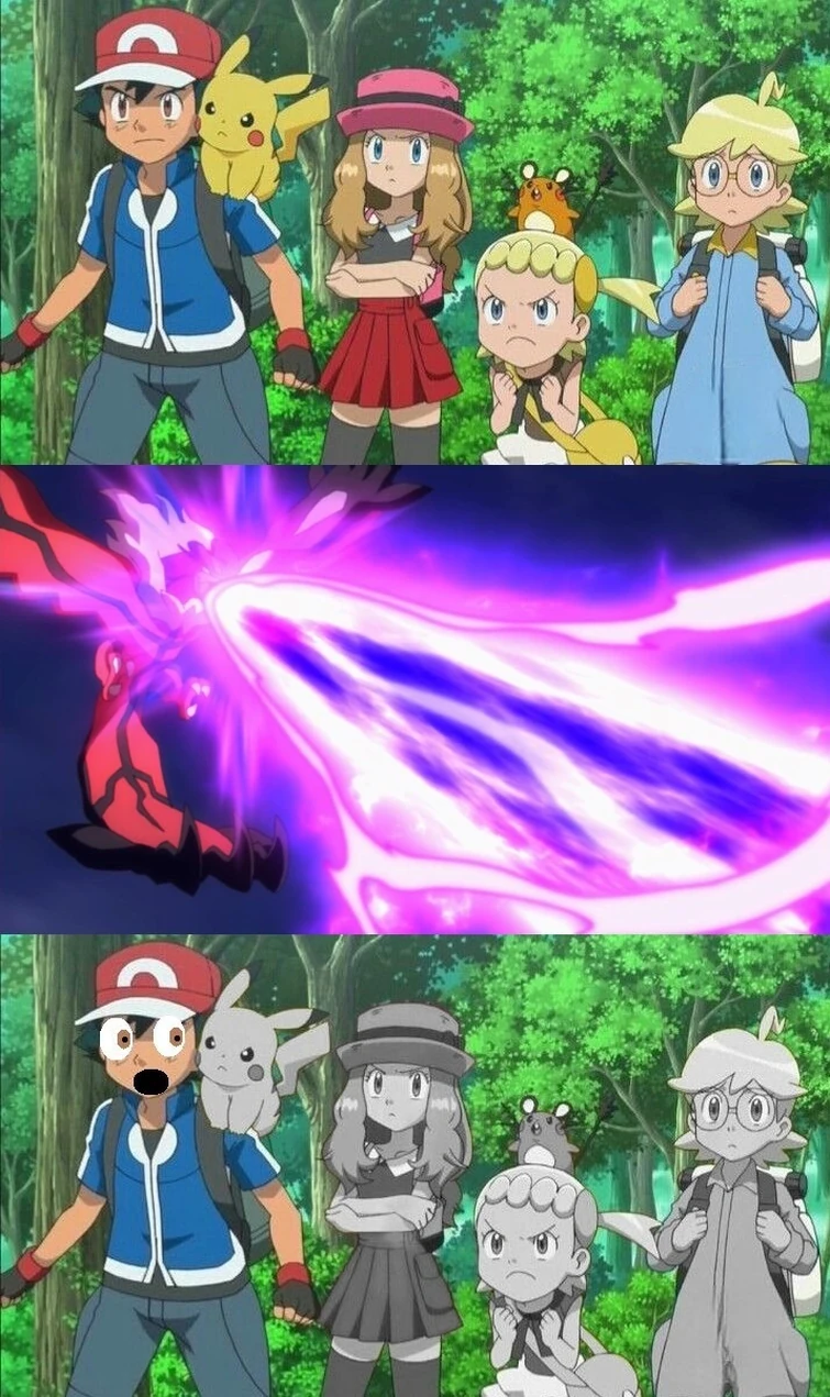 Ash's friends turned into stones statues by Yveltal's Oblivion Wing