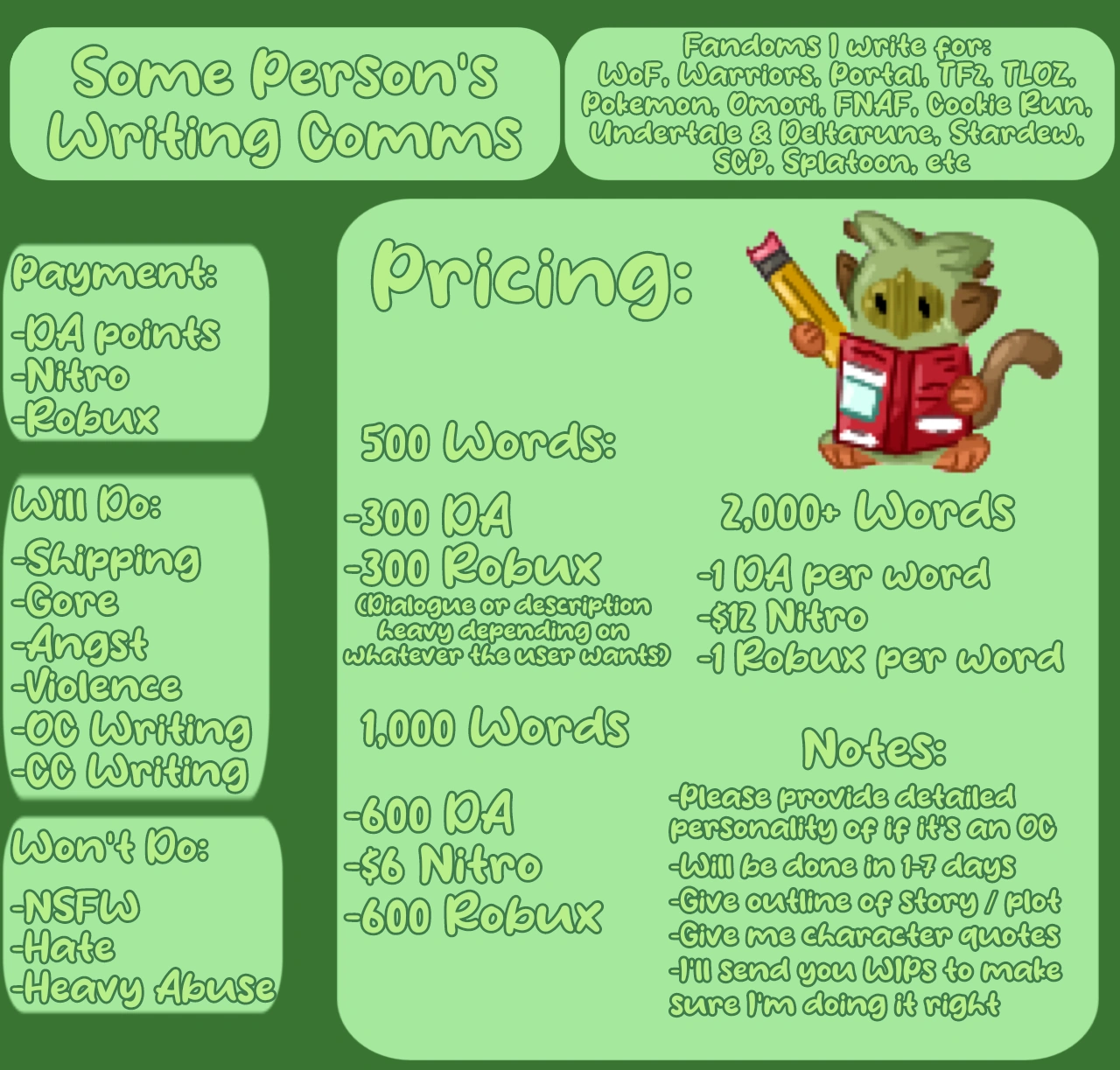 Writing Commissions Are Open! (+ Writing WIP) Fandom