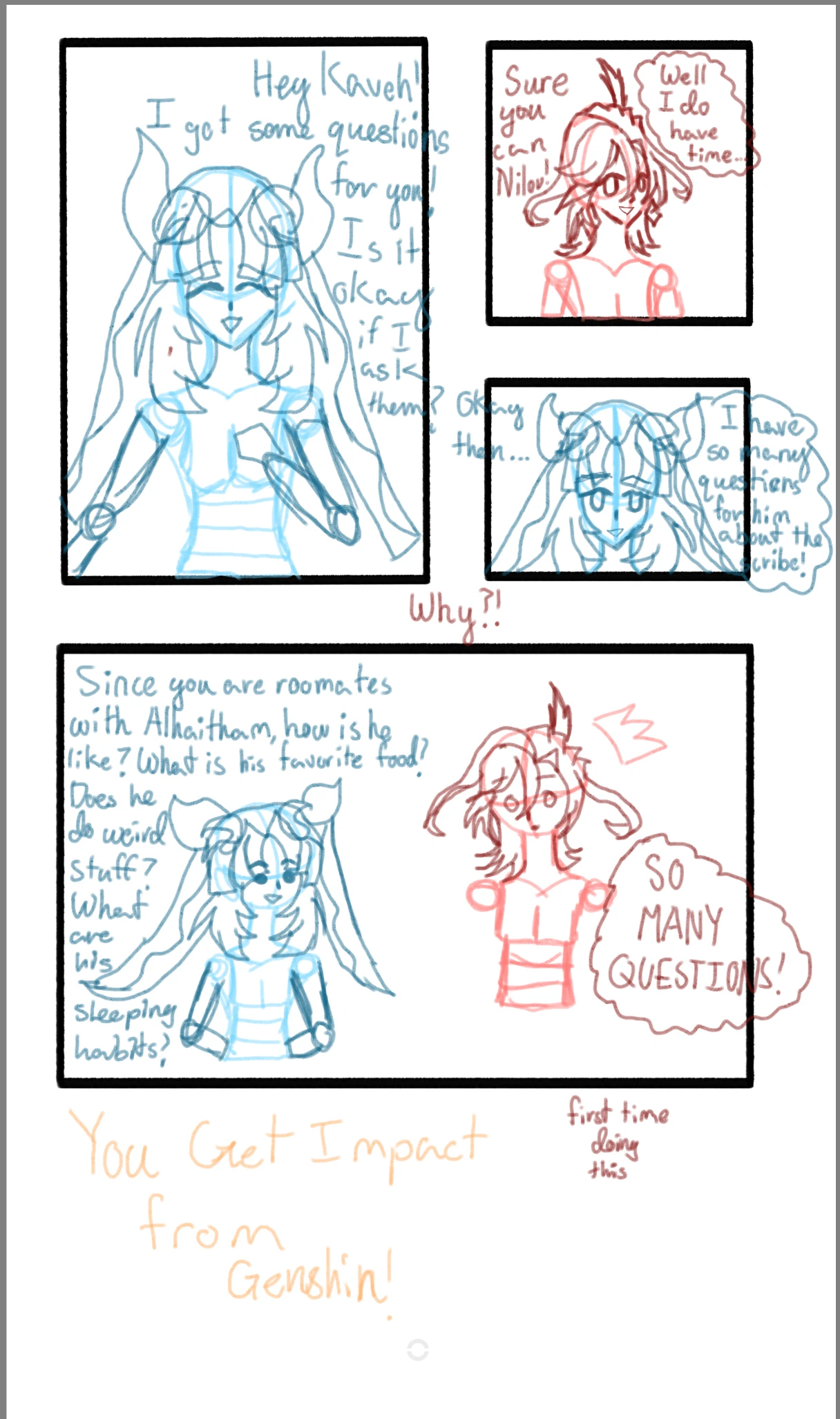 Kaveh being bombarded with questions by Nilou about Alhaitham Wip (from