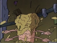 Hairyette gets hit in the face with filthy food.