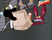 Gromble wants Ickis to pass out the exam papers.