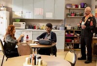 Melissa flirts with Gary, the vending machine operator.