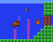 Karnov, Abobo, and Squigly next to a barrier made up of blocks from Super Mario Bros. 2