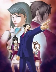 In senso orario da in alto a sinistra: Franziska von Karma, Miles Edgeworth, Pearl Fey, Phoenix Wright e Maya Fey.