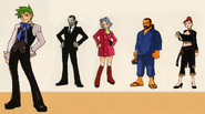 Early concept art. From left: Defense attorney, prosecutor, assistant, mentor, and detective.