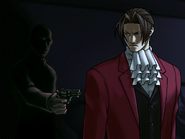 Pointing a gun at Miles Edgeworth after being discovered in the prosescutor's office