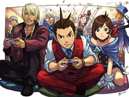 The cast of Apollo Justice gaming.