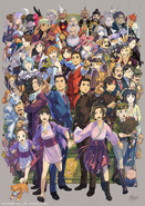 20th anniversary art of Ace Attorney, The Great Ace Attorney, and Professor Layton vs. Phoenix Wright: Ace Attorney characters drawn by Kazuya Nuri