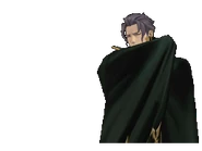 Закутан в плащ (опустил голову)