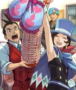 Apollo being knocked over by Trucy (Odoroki Gyakuten)
