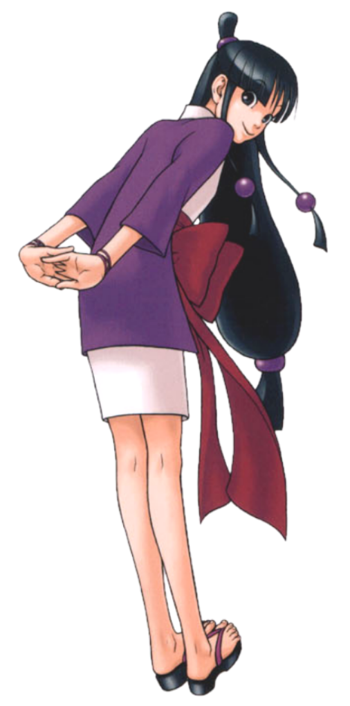 Official art of Maya Fey. Her back is to the viewer and she's smiling over her shoulder. Her hands are laced behind her back and she's leaning on her heels.