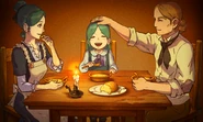 With her mother and father