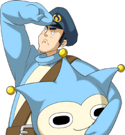 Meekins in a Blue Badger costume.