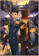 Main visual (just visible behind Phoenix Wright and Hershel Layton) Professor Layton vs. Phoenix Wright: Ace Attorney