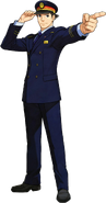 Full-body illustration (As a train station chief) "Keikyu Railways Mystery Rally: Turnabout Whistle" collaboration campaign (1 August - 6 September 2013)