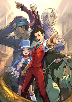 Clockwise from top:  Klavier Gavin, Kristoph Gavin, Ema Skye, Apollo Justice, Trucy Wright, and Phoenix Wright.