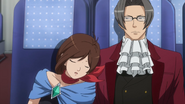 Trucy Wright falling asleep on his shoulder.