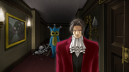 Sneaking up on Miles Edgeworth while dressed as the Proto Badger