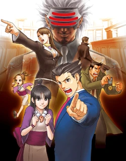 Clockwise from top: Godot, Miles Edgeworth, Dick Gumshoe, Phoenix Wright, Maya Fey, Pearl Fey, and Mia Fey.