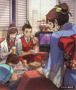 Apollo, Trucy, Ema, and Phoenix having a party (Odoroki Gyakuten)