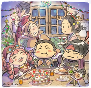 Christmas doodle of the Dai Gyakuten Saiban main cast members from Kazuya Nuri's Twitter