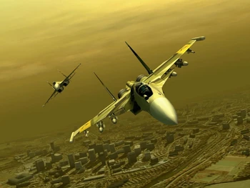 Los dos Su-37 del escuadrón belkano Gelb en formación sobre Directus, la capital de Ustio.