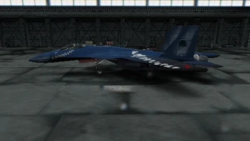 Su-37 de Tolya Kiriakov, del Escuadrón Varcolac, estacionado en el hangar.