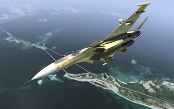 Su-37 del as eruseano Dave Jordan, sobrevolando el Centro Espacial Riass.