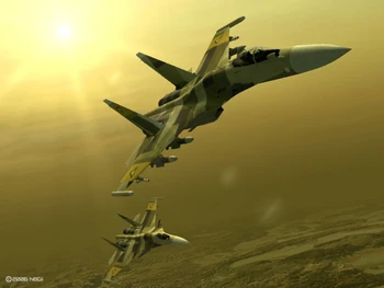 Pareja de Su-37 del escuadrón belkano Gelb sobrevolando Directus, la capital de Ustio.