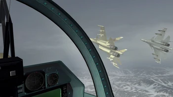 Un Su-37 y un Su-35 del Escuadrón Wardog de la OADF, rompiéndo formación vistos desde la cabina de un Su-27.