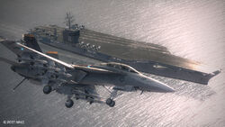 An F/A-18F Super Hornet above the aircraft carrier CVN-30