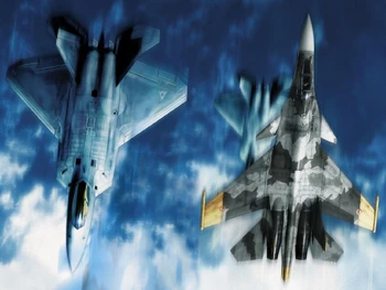 Cruce del F-22A de Mobius 1 y el Su-37 de Dave Jordan en una imagen promocional del AC04.