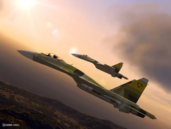 Pareja de Su-37 del Escuadrón Gelb sobrevolando la región belkana de Lumen.