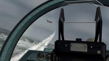 Vista desde la cabina de un Su-37 oseano del Escuadrón Wardog, mientras dispara dos misiles Vympel R-60 contra un F-15C Eagle yuktobano sobre el castillo belkano de Stier.