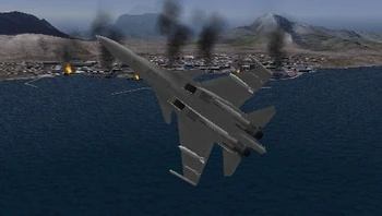 Su-37 aureliano del Escuadrón Gryphus sobrevolando una ciudad pesquera en llamas en Cabo Aubrey.