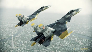 Pareja de Su-37 del Escuadrón Amarillo sobrevolando Tokio en el Assault Horizon.