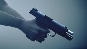  holding a SIG Sauer P250 after emptying its magazine