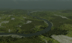 An aerial view of the Schayne Plains' rolling hills and varied ground cover