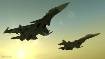 Los dos Su-37 del escuadrón belkano Gelb en formación.