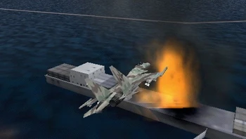 Su-37 aureliano del Escuadrón Gryphus sobrevolando un carguero en llamas en Cabo Aubrey.