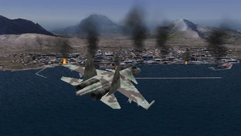 Su-37 aureliano del Escuadrón Gryphus sobrevolando una ciudad pesquera en llamas en Cabo Aubrey.