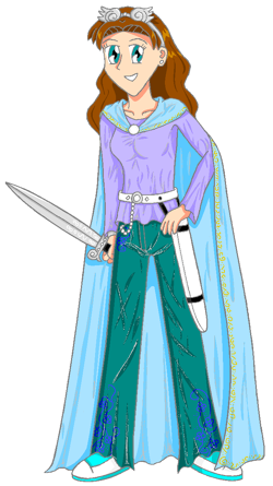 Alice, complete with cloak, power sword and goggles.