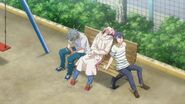 Saku sitting and noticing something with Sosuke and Uta sitting