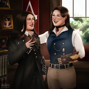 Alana Rose Dorian and Abigail May Westhouse sharing a laugh in Alana's office, October 1876.