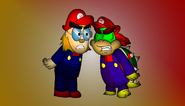 Bowser Jr and Nerdy glaring at each other in Mario costumes