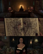 Morticia looking at a book with black tears